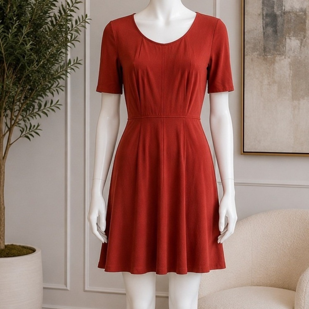 eShakti Womens Fit and Flare Dress Red Short Sleeve Cotton Spandex Size 2